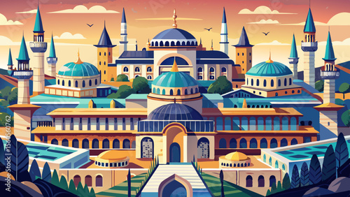 Topkapi Palace in Istanbul, Turkey displays domed rooftops, inner courtyards, and intricate tiles. The palace tells tales of sultans and empires on the banks of the Bosphorus.