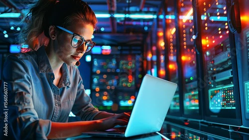 Confident female engineer working on a laptop in a high-tech server room
