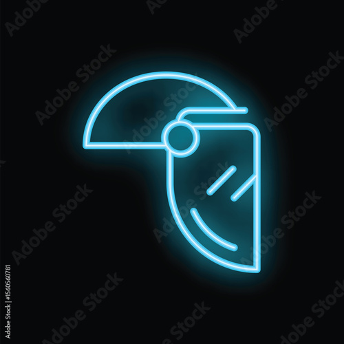 Bright blue neon icon of a welding mask glowing on a black background