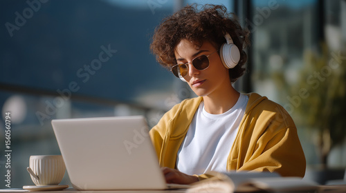 Coding in a Café: Young Adult with Headphones and Laptop