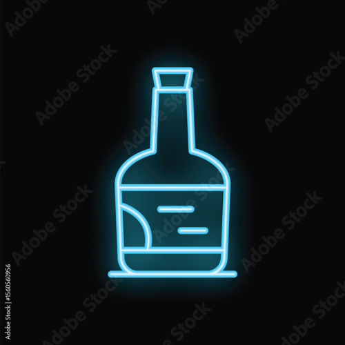 Blue neon sign depicting a bottle of alcohol, shining brightly against a black background