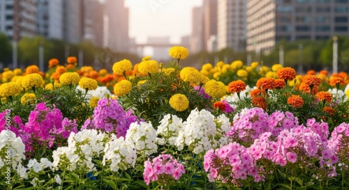 Wallpaper Mural Vibrant Flowerbeds With Colorful Blooms Gracing A City Street Under Warm Sunlight Torontodigital.ca
