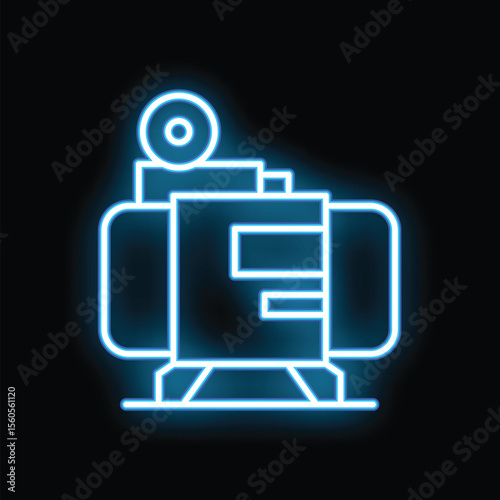 Blue neon sign representing a water pump illuminating a black background