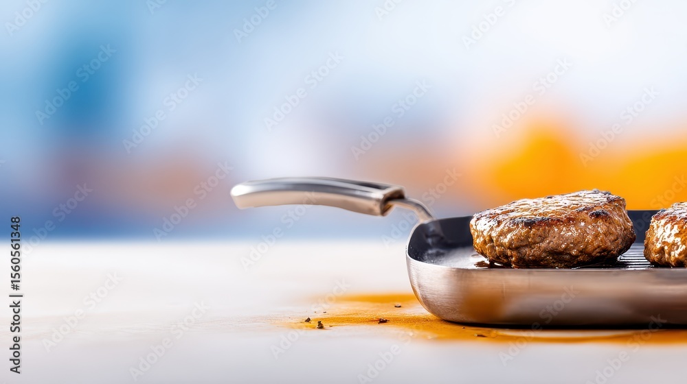Fototapeta premium Two juicy grilled hamburger patties sizzle on a stainless steel griddle pan releasing savory aromas in a bright kitchen setting creating a delicious food photography image.