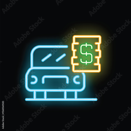 Neon icon representing the concept of paid parking with a car and a parking meter displaying price
