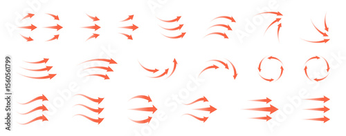 Airflow icon set featuring circular arrows, heat waves and wind streams. Transparent red symbols for ventilation, AC, purifier or climate control vector illustration. Clean and modern design.