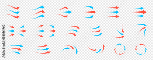Airflow and ventilation vector set with hot and cold wind, arrows, fans, filters and stream lines. Clean transparent graphics for HVAC, purifier, conditioner or room climate control illustrations.