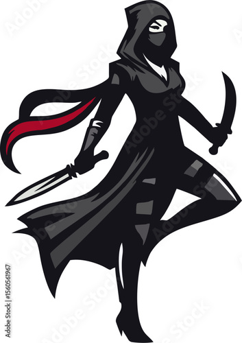 Stylish Female Ninja Assassin in Black Cloak with Dual Blades – Vector Illustration