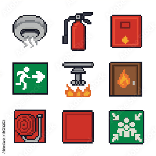 Fire Safety Icons. Pixel art icon set of fire risk management: smoke detector, fire extinguisher, fire alarm pull, evacuation