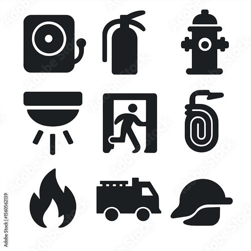 Fire Safety Icons. Solid, filled icon set of fire safety: fire alarm, extinguisher, fire hydrant, smoke detector, emergency exit,