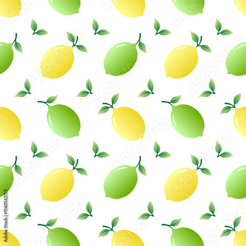 Seamless pattern of lemons and limes in green and yellow, on white background. Often used for various decorative purposes.