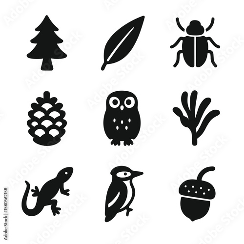 Fire-Adapted Species Icons. Solid, filled icon set of fire-adapted species: lodgepole pine, eucalyptus leaf, fire beetle, jack