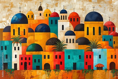 Colorful architecture showcases vibrant buildings and domes in a lively Mediterranean town
