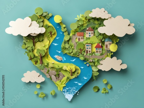 Whimsical Heart-Shaped Nature Illustration with River and Landscape