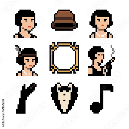 1920s Flapper Icon Set. Pixel art icon set of 1920s flapper portraits: bob haircut, cloche hat, pearl necklace, feather headband,