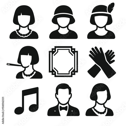 1920s Flapper Icons. Solid, Filled icon set of 1920s flapper portraits: bob haircut, cloche hat, pearl necklace, feather headband,