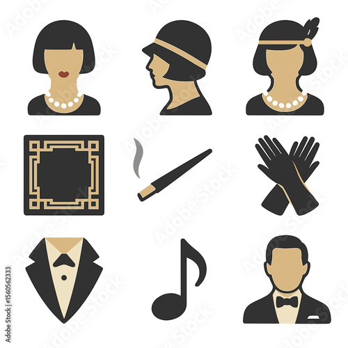 1920s Flapper Icons. Flat icon set of 1920s flapper portraits: bob haircut, cloche hat, pearl necklace, feather headband,