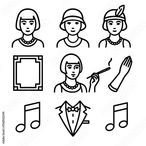 1920s Flapper Icons. Outline icon set of 1920s flapper portraits: bob haircut, cloche hat, pearl necklace, feather headband,