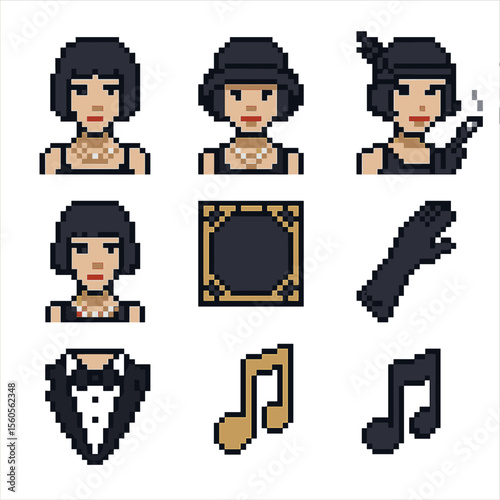 1920s Flapper Icon Set. Pixel art icon set of 1920s flapper portraits: bob haircut, cloche hat, pearl necklace, feather headband,
