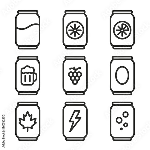 Flavored Soda Icons. Outline icon set of flavored soda varieties: cola can, lemon-lime can, orange soda can, root beer can, grape