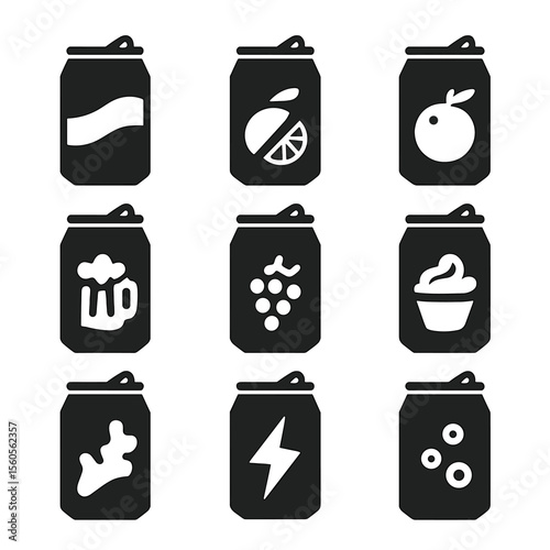 Flavored Soda Icon Set. Solid, Filled icon set of flavored soda varieties: cola can, lemon-lime can, orange soda can, root beer