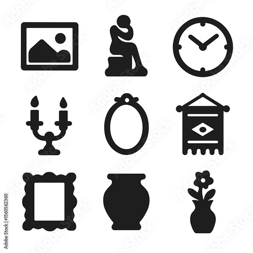 Flea Market Icons. Solid, filled icon set of flea market art and decor: painting, sculpture, wall clock, candle holder, mirror,