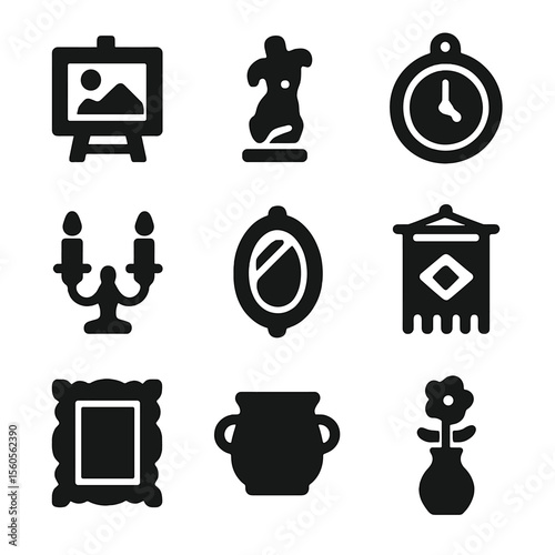 Flea Market Icons. Solid, filled icon set of flea market art and decor: painting, sculpture, wall clock, candle holder, mirror,