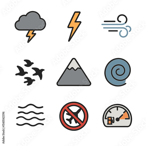 Flight Challenges Icons. Flat icon set of obstacles and challenges in flight: storm cloud, lightning bolt, wind gust, bird flock,