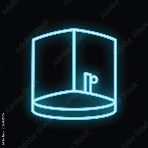 Glowing blue neon sign depicting a shower stall with a shower head, isolated on a black background