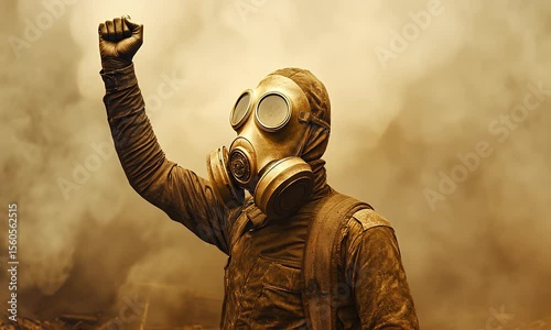 Person In Gas Mask Raising Fist Against Smoke In Sepia Tone Representing Resistance