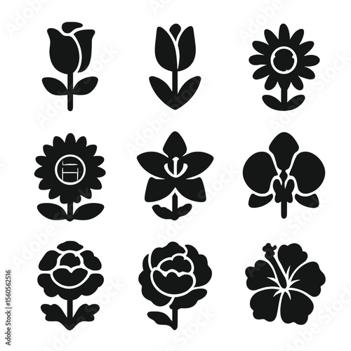 Flower Icon Grid. Solid, filled icon set of popular flowers: rose, tulip, daisy, sunflower, lily, orchid, marigold, peony,