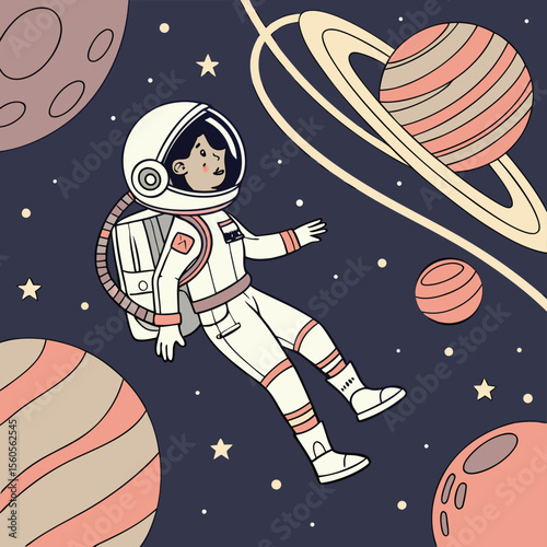 Illustration of a floating astronaut in space surrounded by planets and stars in a stylized design