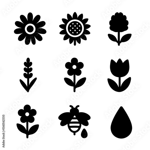 Flowers and Bees Icons. Solid, filled icon set of flowers and bees: daisy, sunflower, clover, lavender, wildflower, tulip, blossom