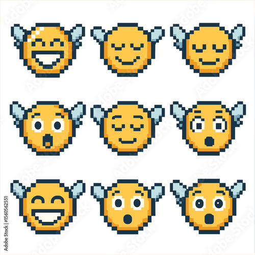 Flying Emotion Icons. Pixel art icon set of emotions and sensations of flying: exhilaration, freedom, weightlessness, thrill,