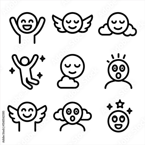 Flying Emotion Icons. Outline icon set of emotions and sensations of flying: exhilaration, freedom, weightlessness, thrill,