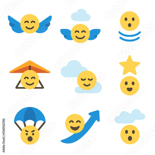 Flying Emotions Icons. Flat icon set of emotions and sensations of flying: exhilaration, freedom, weightlessness, thrill, serenity