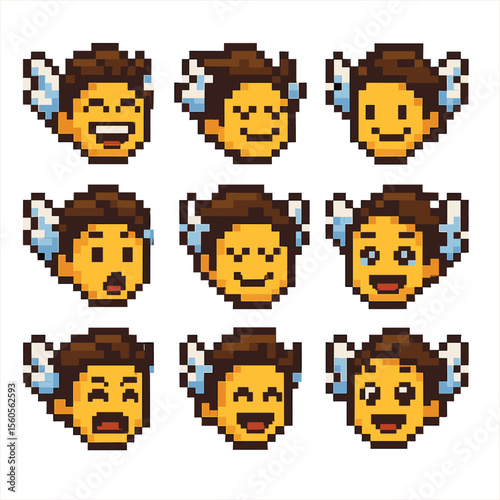Flying Emotion Icons. Pixel art icon set of emotions and sensations of flying: exhilaration, freedom, weightlessness, thrill,