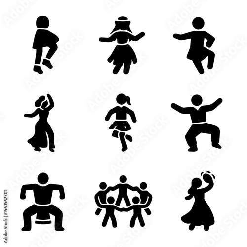 Folk Dance Icons. Solid, Filled icon set of folk and traditional dances: clog dance, hula dance, kathak pose, flamenco step, Irish