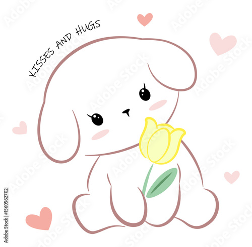 Adorable minimalist vector illustration of a kawaii puppy holding a yellow flower, surrounded by pastel hearts. Perfect for designs, greeting cards, nursery decor, and cute merchandise.