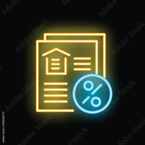Bright glowing neon icon of documents for mortgage loan with interest rate, isolated on black background