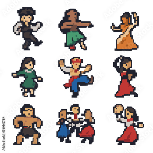Folk Dance Icons. Pixel art icon set of folk and traditional dances: clog dance, hula dance, kathak pose, flamenco step, Irish jig