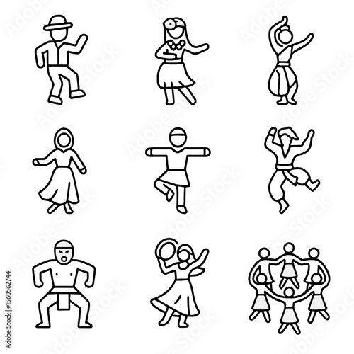 Folk Dance Icon Set. Outline icon set of folk and traditional dances: clog dance, hula dance, kathak pose, flamenco step, Irish