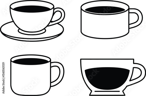 Vector illustration of coffee cups set for cafe menu and design element in black and white style