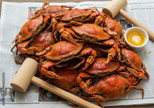 Pile of Steamed Maryland Blue Crabs Seasoned with Old Bay, Rustic and Delicious, High Angle, Newspaper