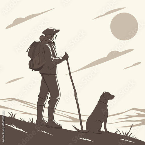 Illustration of a hiker with a backpack and walking stick accompanied by a dog on a hillside scene