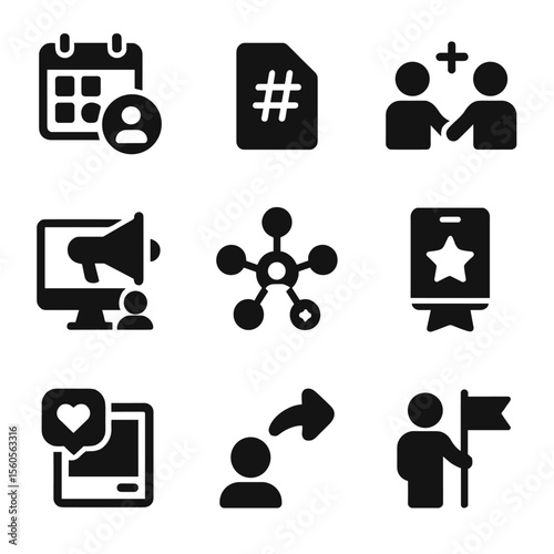Follower Growth Icons. Solid, filled icon set of follower growth strategies: content calendar, hashtag tag, collaboration, ad
