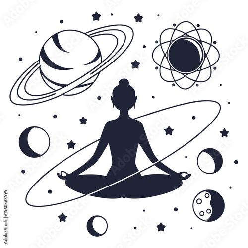 Silhouette of a woman meditating surrounded by planets moons and stars in a cosmic celestial scene