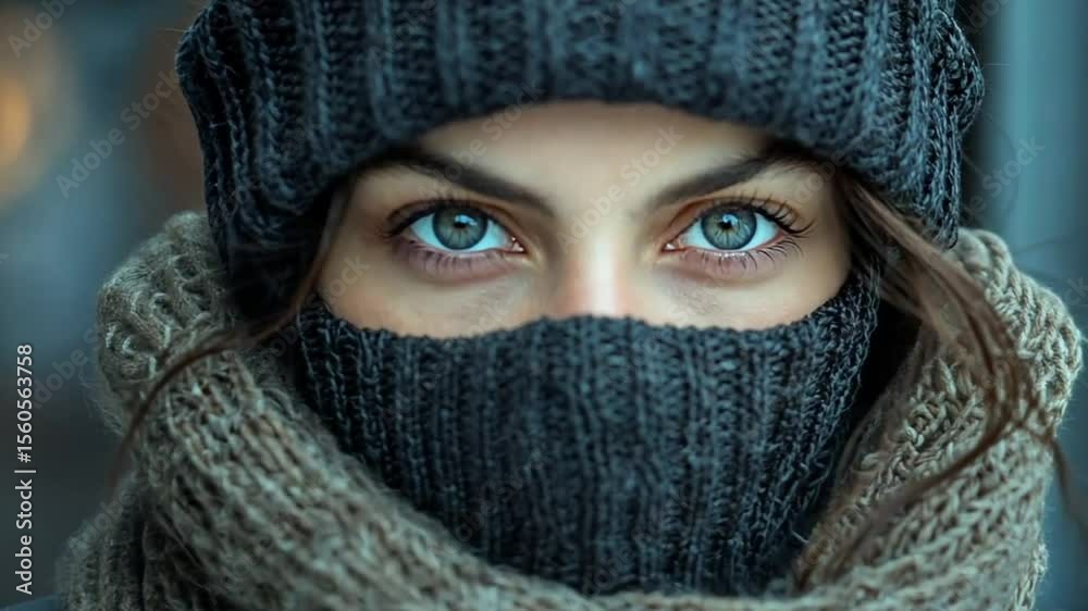 Close-up of a woman's face and upper body, covered in warm knitwear