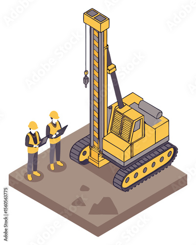 Isometric view of engineers overseeing a rotary drilling rig working on rocky terrain for deep pile foundation installation at an active construction site, isolated on white.