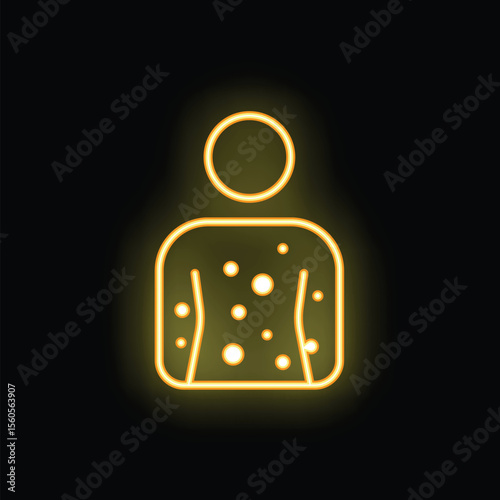 Yellow neon icon of a human figure with a widespread red rash on the skin